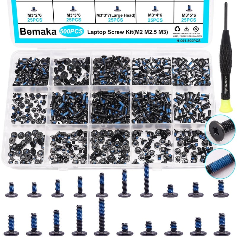 Bemaka 500PCS Laptop Screws Notebook Computer Screws Kit 20 Sizes Blue Nylok Screws M2 M2.5 M3 Laptop Replacement Computer Screws for Motherboard SSD PC Fan Hard Drive - Image 1